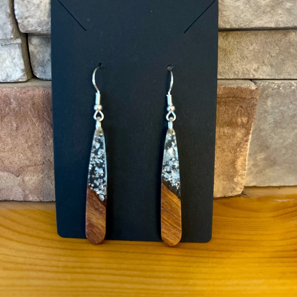 Wooden teardrop silver fleck earrings